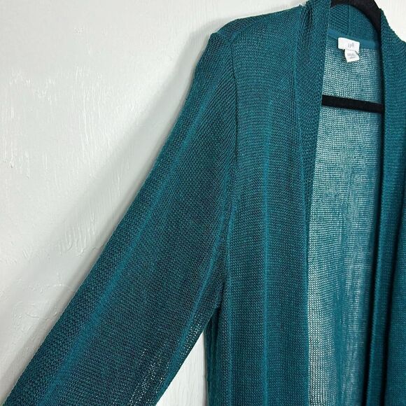 J. Jill Linen Blend Green Open Front Longline Duster Cardigan Size LP - Picture 3 of 12